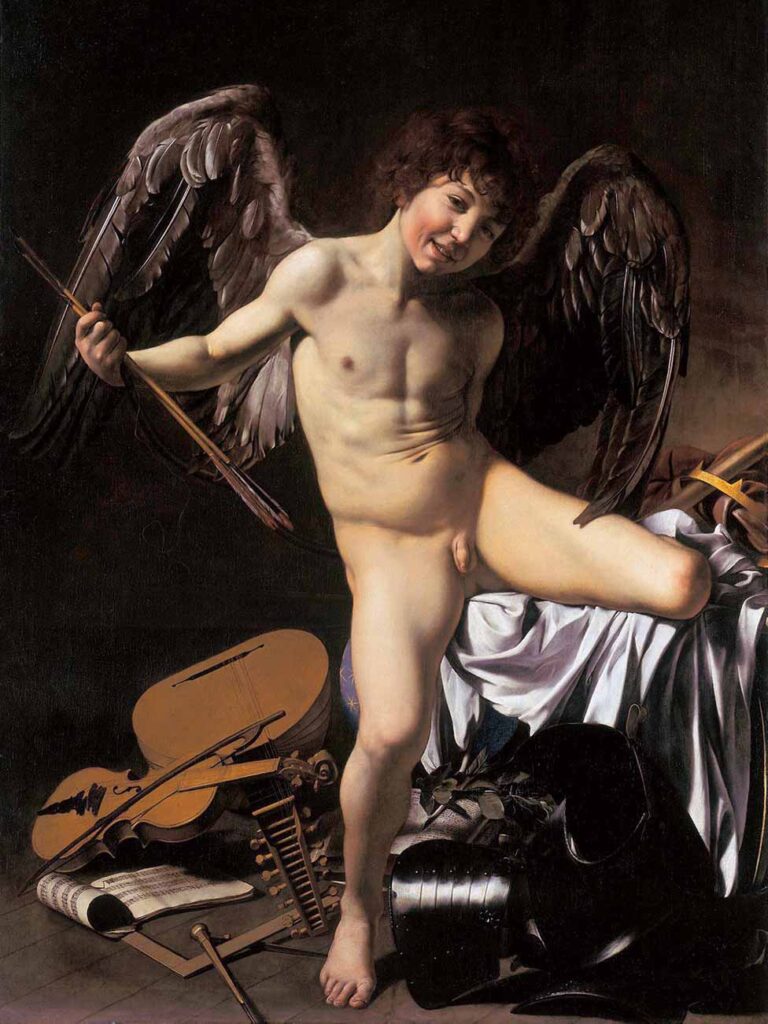 Caravaggio's painting "omnia vincit amor" with Amor depicted as a young naked boy with large wings. 