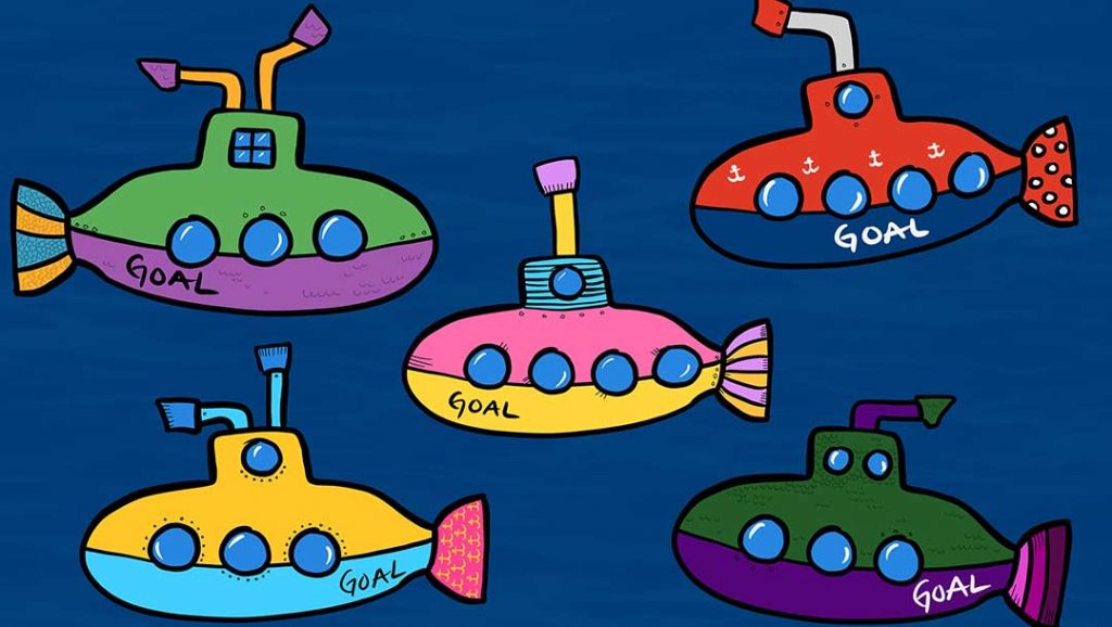 Five cartoon submarines all with the text "goal" on them to turn them into "sub-goals". 