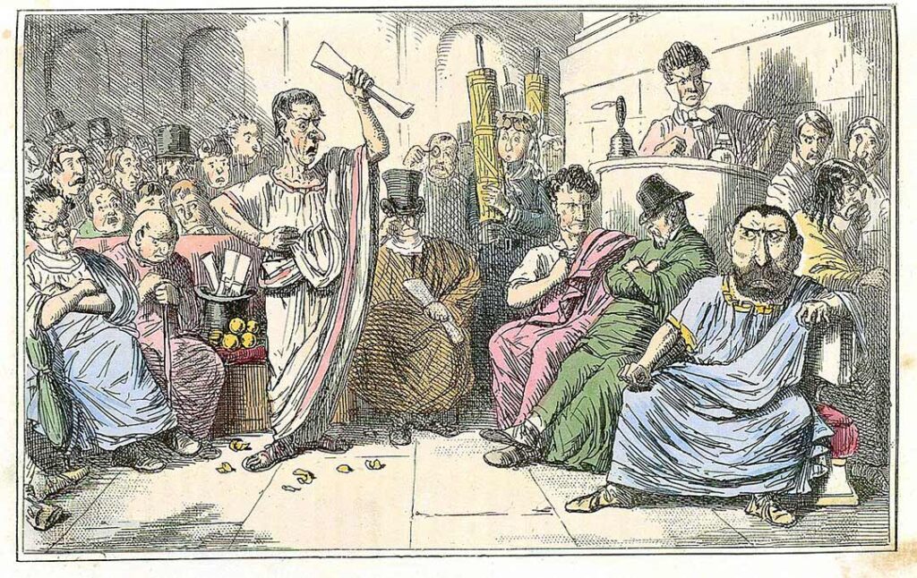 Comic drawing of Cicero denouncing Catiline made by John Leech c. 1850.