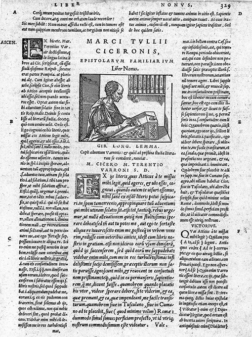 Woodcut showing Cicero writing his letters from 1547.