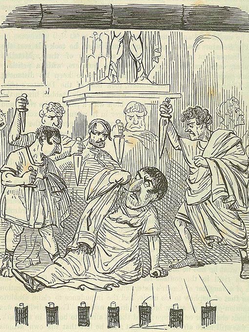 Cartoon illustration of the assassination of Julius Caesar by John Leech, 1860.