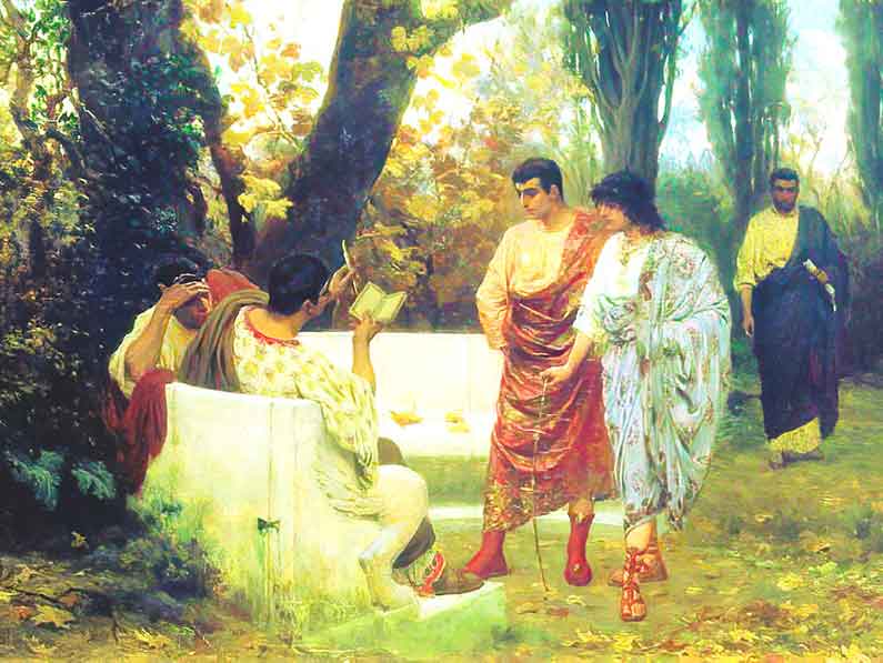 Painting called "Catullus" with Romans reading outside under the trees, by Stefan Bakalowicz.