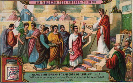 Liebig card set: "Grands historiens et episodes de leur vie", ca 1900, showing Sallust and Caesar.