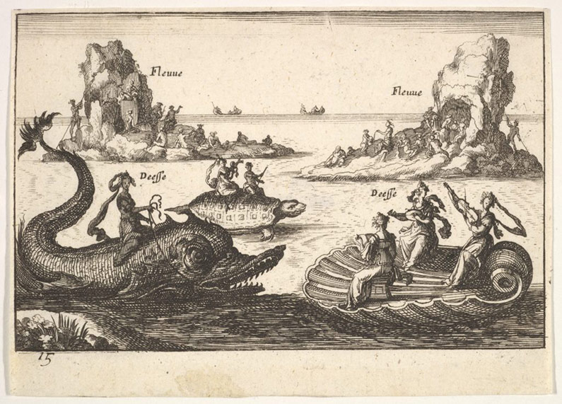 Etching of Rivers and goddesses with floating islands by Remigio Cantagallina, 1608.