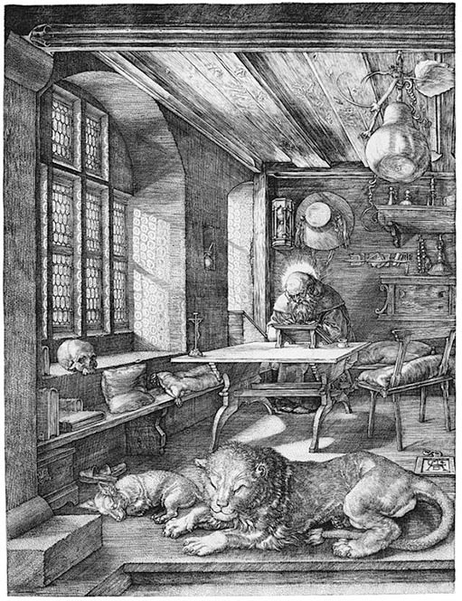 Copper engraving print of Saint Jerome in his study accompanied by his dog and his lion. By Albrecht Dürer, 1514.