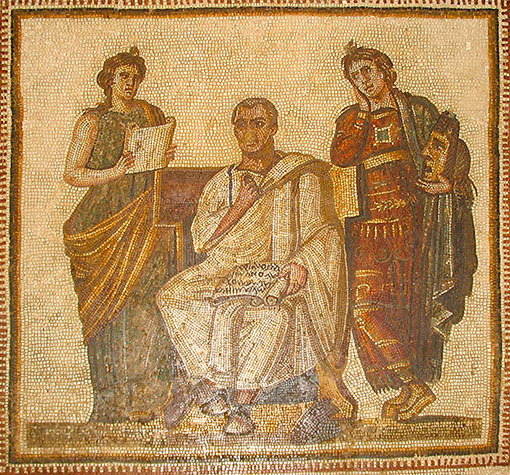 A 3rd-century Tunisian mosaic of Virgil seated between the muses Clio and Melpomene.