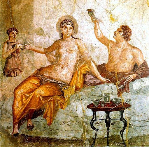 Fresco from Herculaneum with a Roman couple next to a small table.