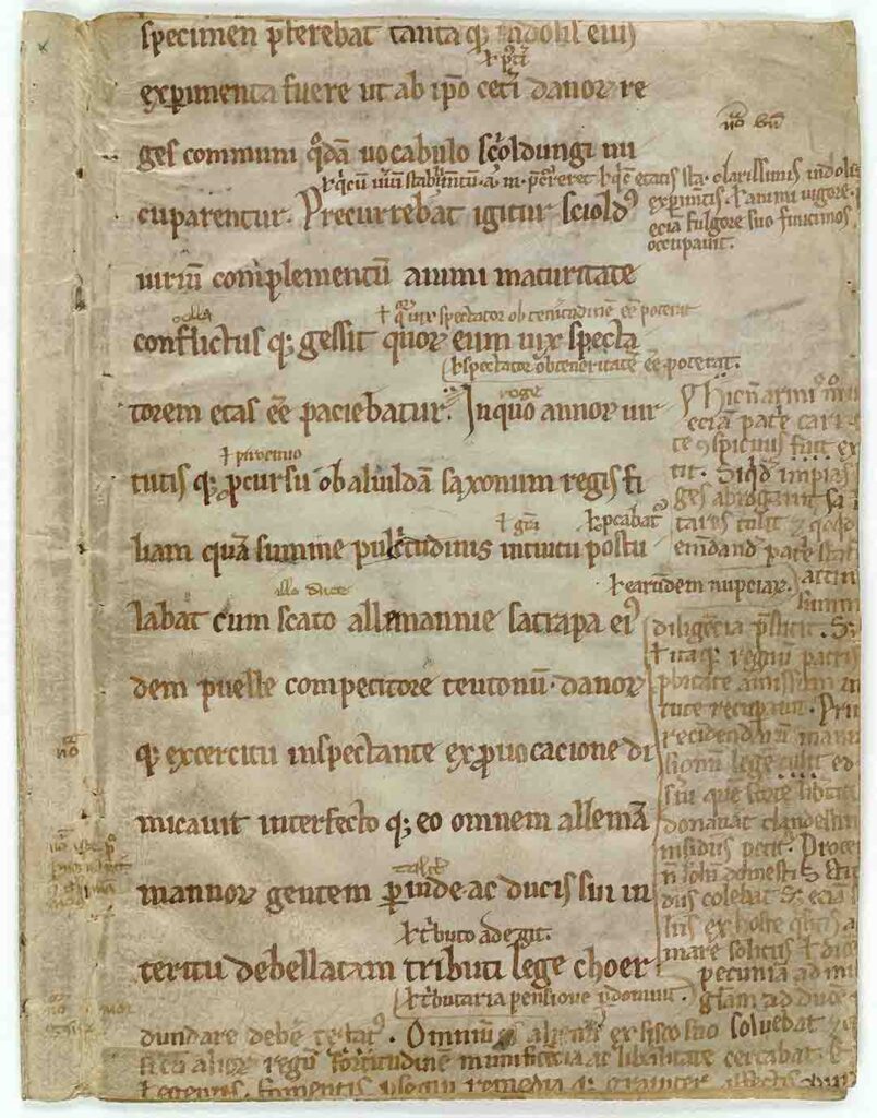 Manuscript fragment from around 1200, likely an early draft of Gesta Danorum in Saxo Grammaticus' own hand, or made by one of his scribes.