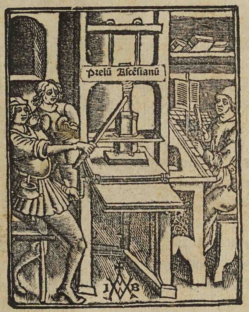 Woodcut showing the 15-16th century printing house where Saxo Grammaticus' Gesta Danorum was first printed.