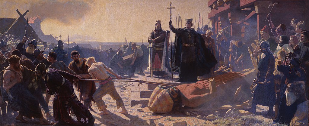 Painting by Laurits Tuxen, showing the Taking of Arkona in 1169 with King Valdemar of Denmark and Bishop Absalon. 